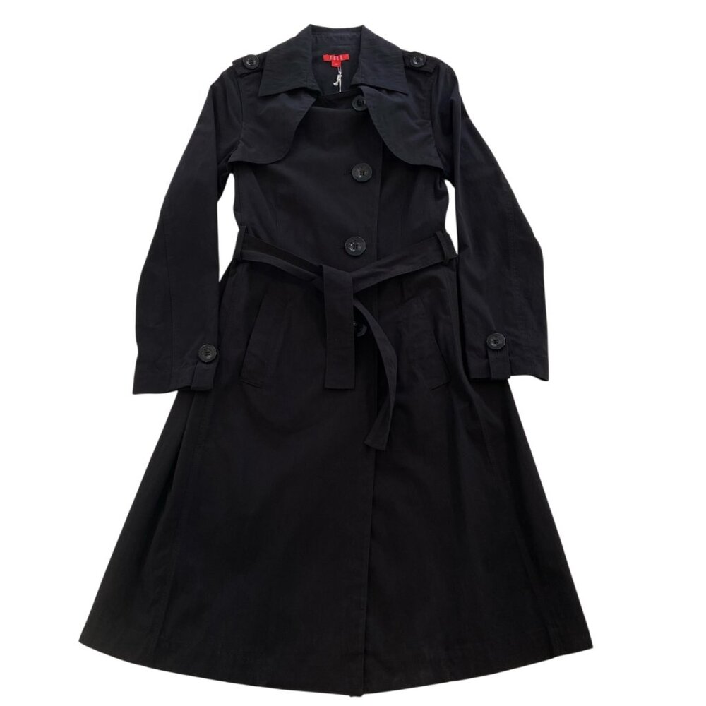 Elle Paris France Black Trench Coat Women Small EU 36 Double Breasted Belted
